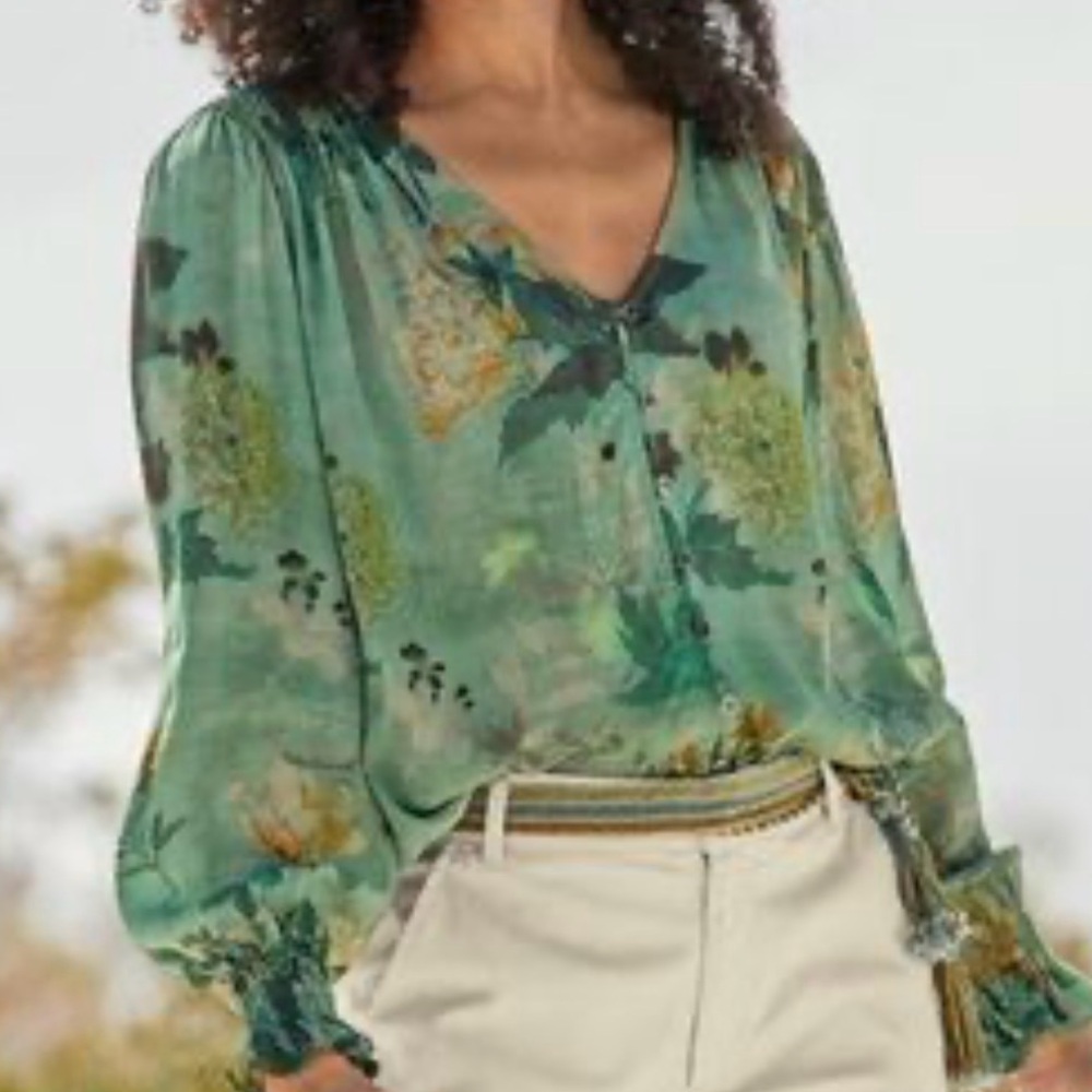Peruvian Connection Floral Blouse - Green and Yellow